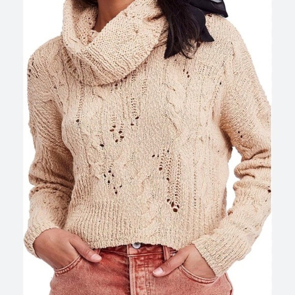 Free People Shades of Dawn Cowl Neck Sweater XS Beige Cable Knit Cropped